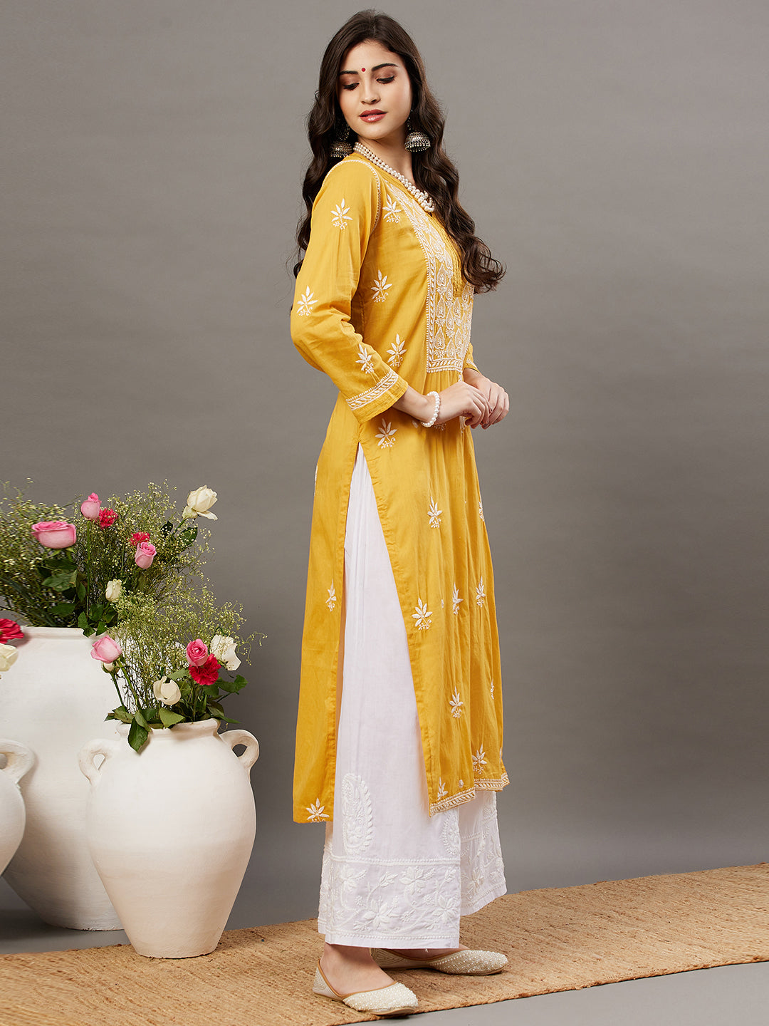 Mustard cotton kurta with front yoke