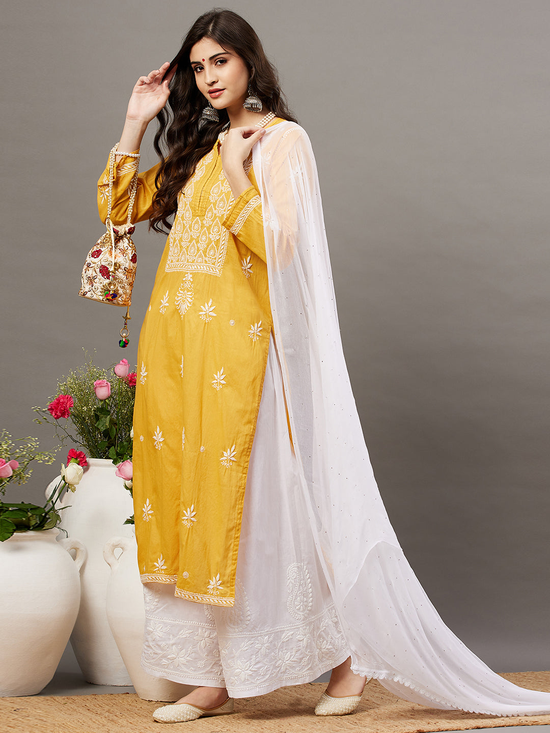 Mustard cotton kurta with front yoke