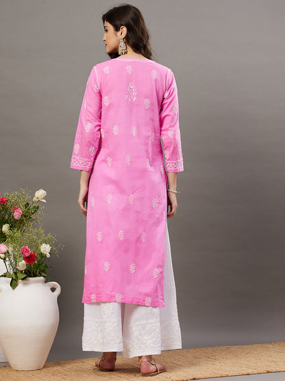 Pink cotton round neck kurta with side buttons