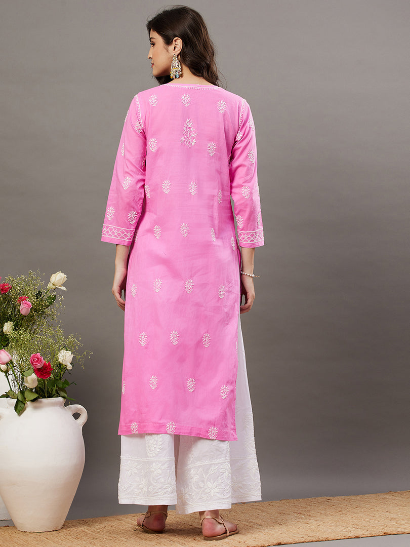Pink Cotton Chikankari Kurta with Side Button Neckline