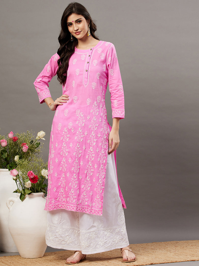 Pink Cotton Chikankari Kurta with Side Button Neckline