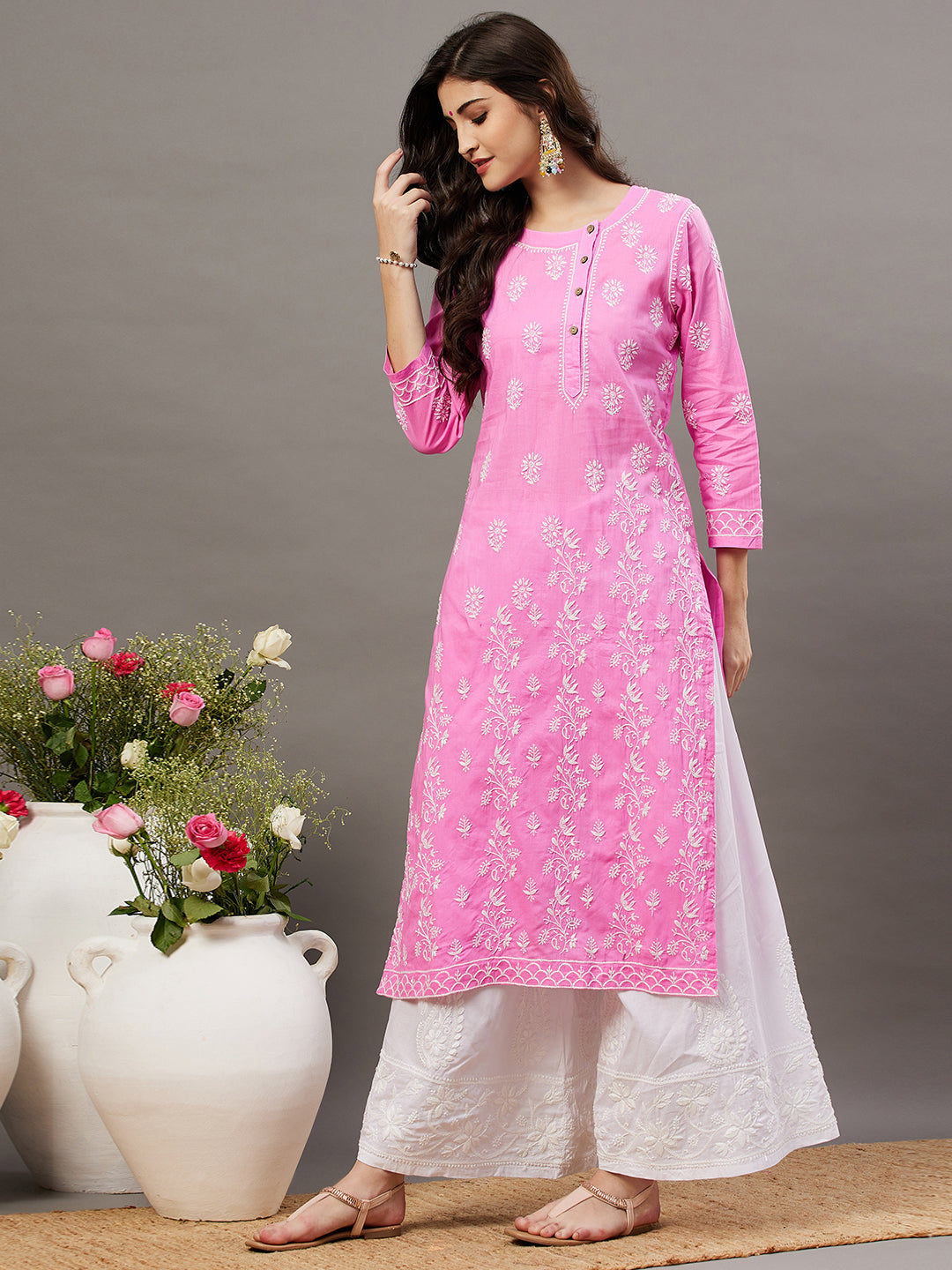 Pink cotton round neck kurta with side buttons