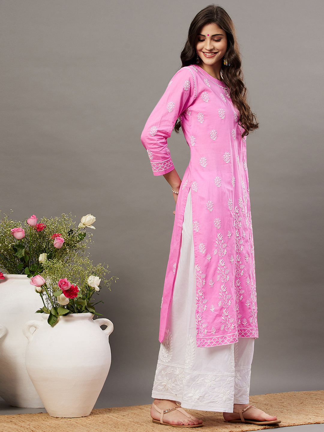 Pink cotton round neck kurta with side buttons