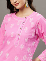 Load image into Gallery viewer, Pink Cotton Chikankari Kurta with Side Button Neckline