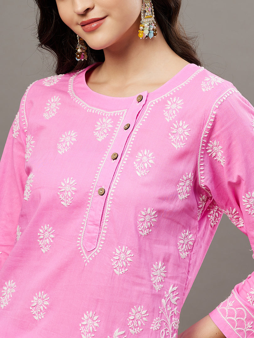 Pink Cotton Chikankari Kurta with Side Button Neckline