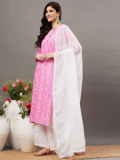 Pink cotton round neck kurta with side buttons