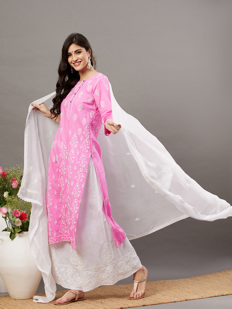 Pink Cotton Chikankari Kurta with Side Button Neckline