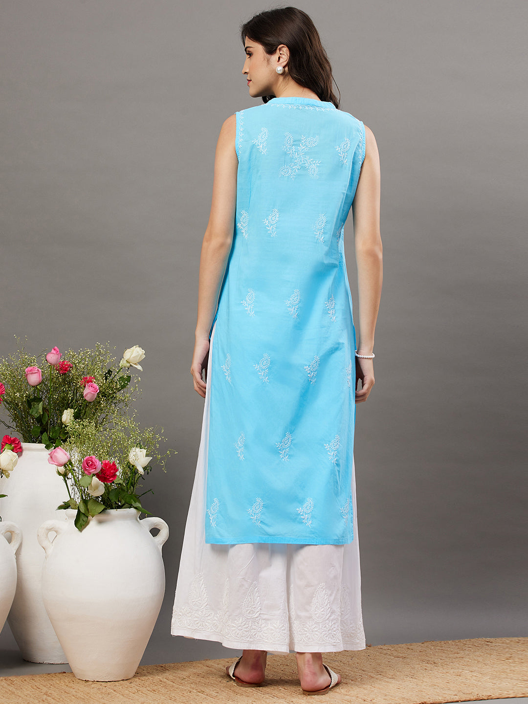 Blue cotton sleeveless  high collar kurta with chikanakri