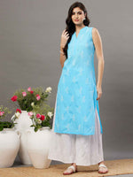 Load image into Gallery viewer, Blue cotton sleeveless kurta with chiknakari and colloar slit
