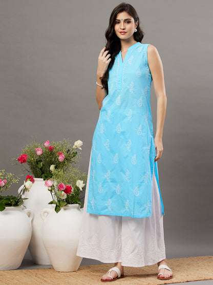 Blue cotton sleeveless  high collar kurta with chikanakri