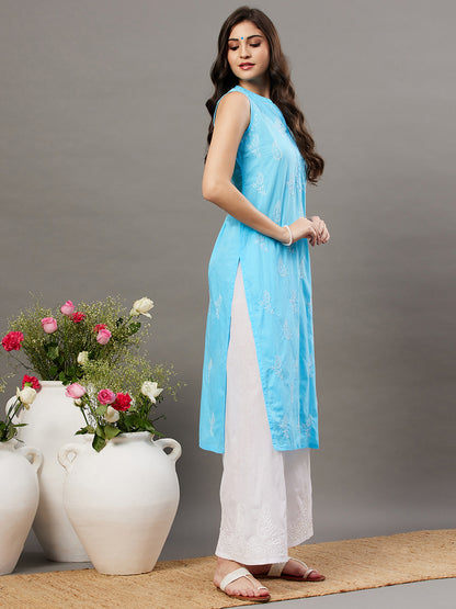 Blue cotton sleeveless  high collar kurta with chikanakri