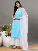 Load image into Gallery viewer, Blue cotton sleeveless kurta with chiknakari and colloar slit
