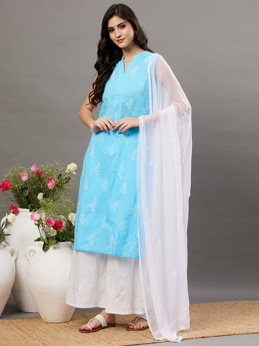 Blue cotton sleeveless  high collar kurta with chikanakri