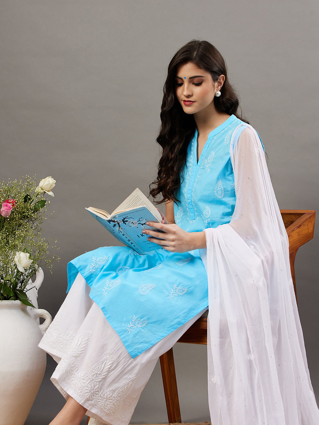 Blue cotton sleeveless  high collar kurta with chikanakri