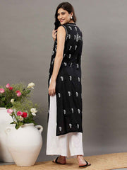 Black cotton sleeveless kurta with chiknakari and colloar slit
