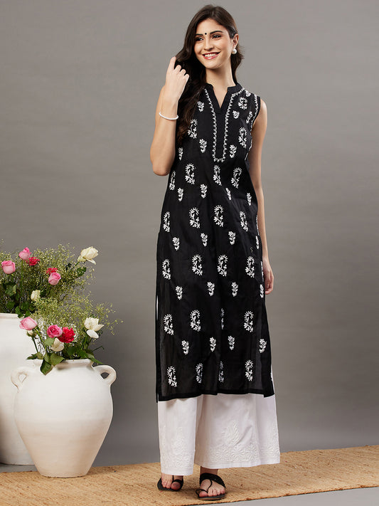 Black cotton sleeveless  high collar kurta with chikanakri