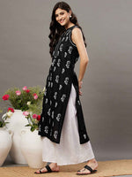 Load image into Gallery viewer, Black cotton sleeveless kurta with chiknakari and colloar slit
