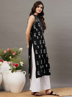 Load image into Gallery viewer, Black cotton sleeveless kurta with chiknakari and colloar slit
