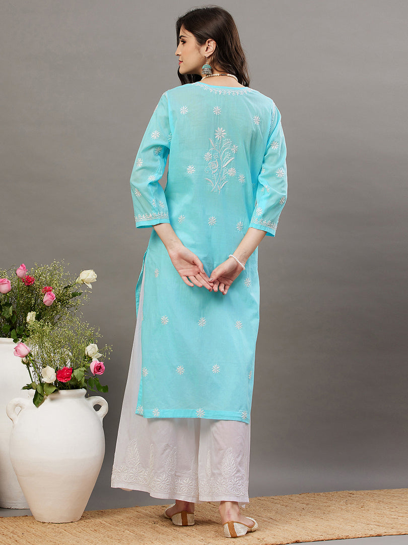 Blue round neck cotton mul kurta with buttons and chikanakri - Rakhi Apparels