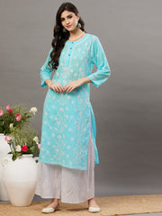 Blue round neck cotton mul kurta with buttons and chikanakri - Rakhi Apparels