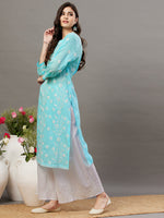 Load image into Gallery viewer, Blue round neck cotton mul kurta with buttons and chikanakri - Rakhi Apparels
