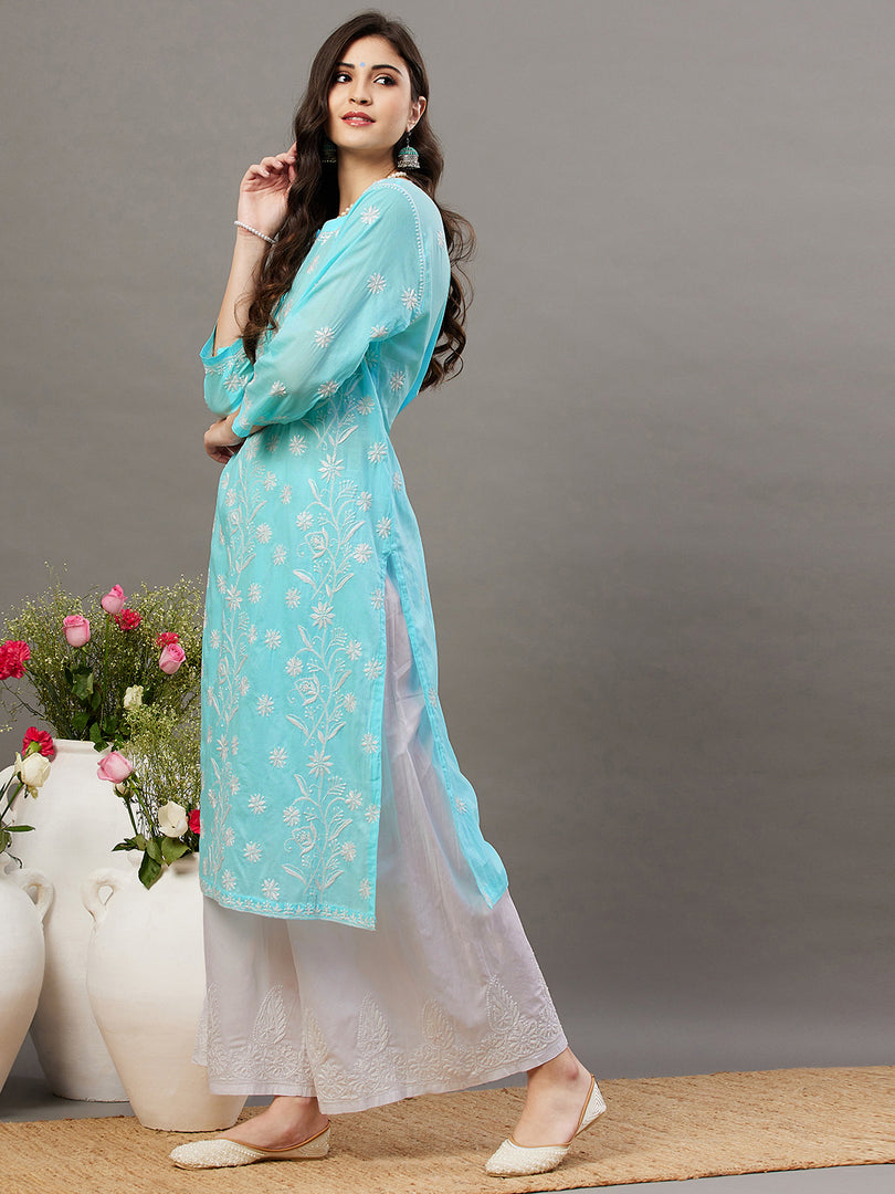 Blue round neck cotton mul kurta with buttons and chikanakri - Rakhi Apparels