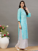 Load image into Gallery viewer, Blue round neck cotton mul kurta with buttons and chikanakri - Rakhi Apparels
