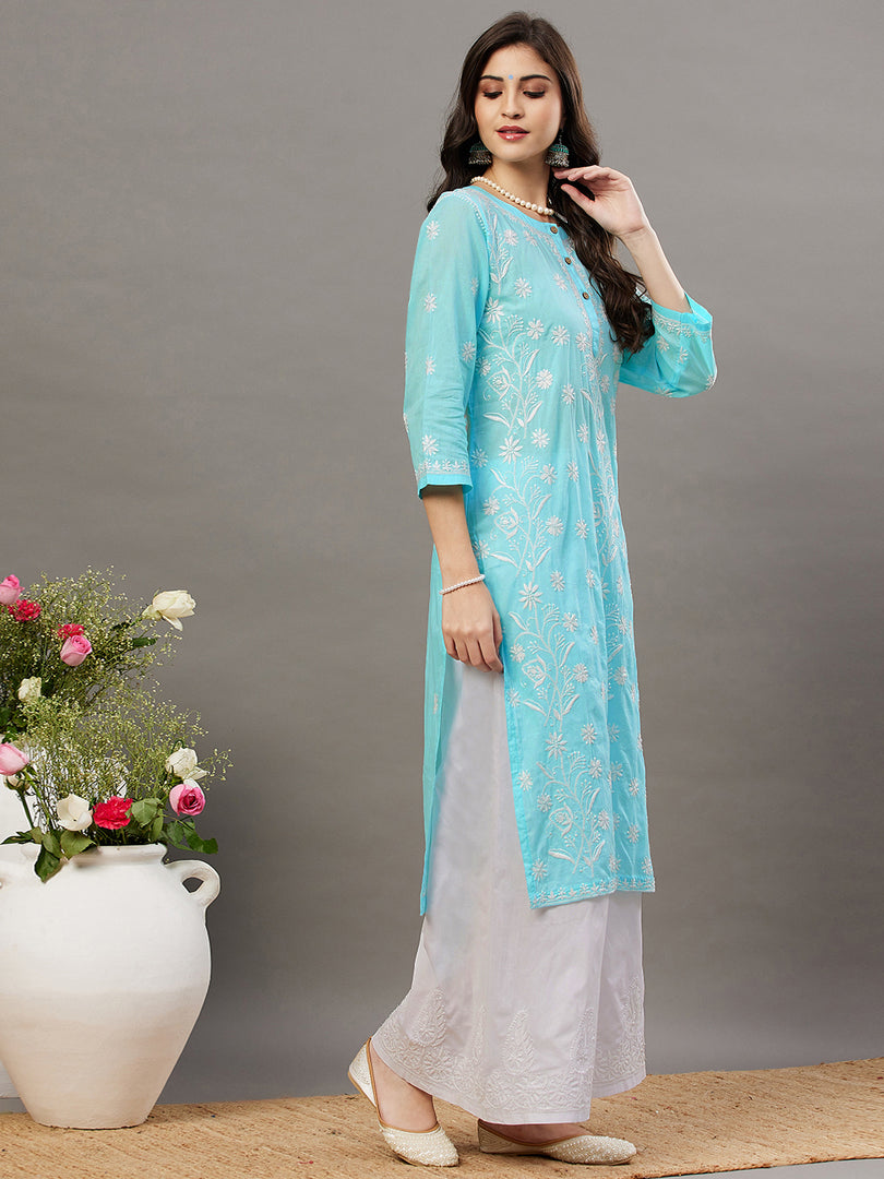 Blue round neck cotton mul kurta with buttons and chikanakri - Rakhi Apparels
