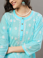 Load image into Gallery viewer, Blue round neck cotton mul kurta with buttons and chikanakri - Rakhi Apparels
