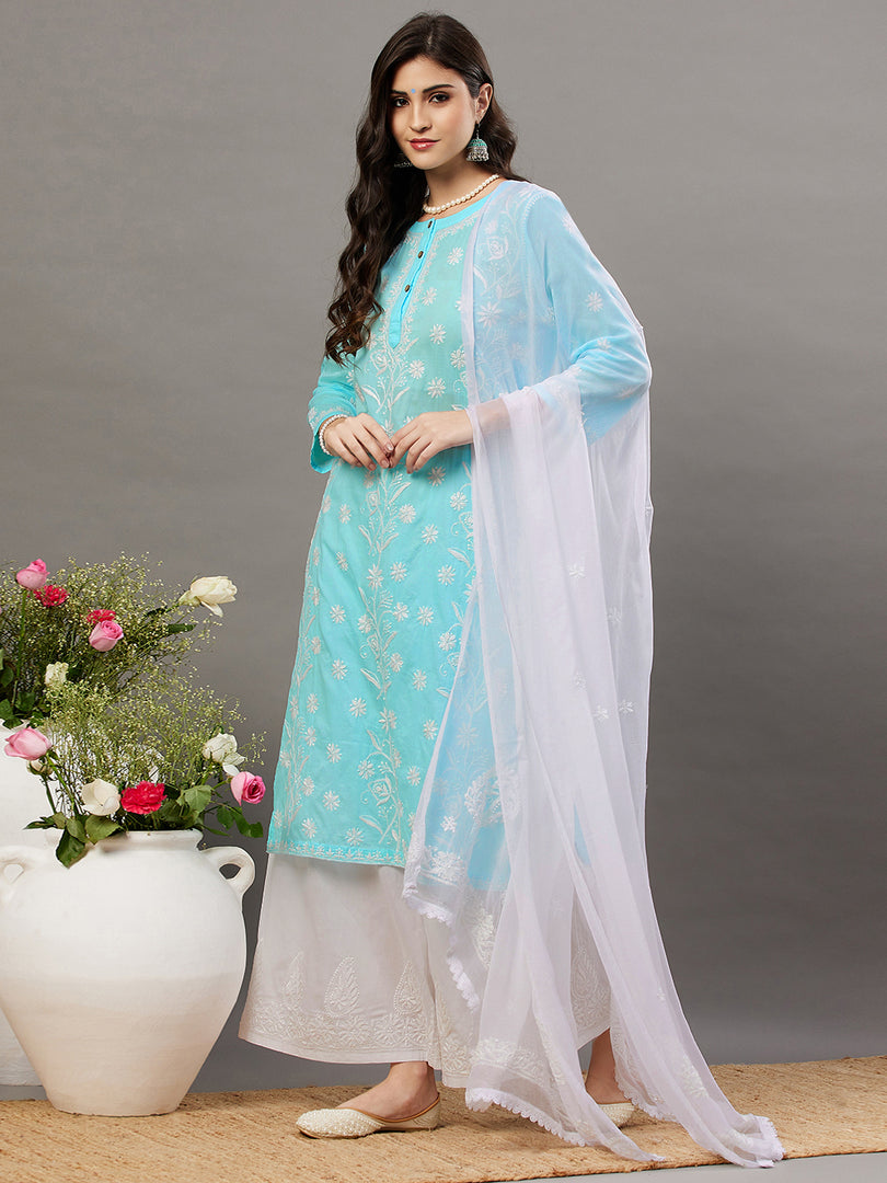 Blue round neck cotton mul kurta with buttons and chikanakri - Rakhi Apparels