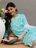 Load image into Gallery viewer, Blue round neck cotton mul kurta with buttons and chikanakri - Rakhi Apparels
