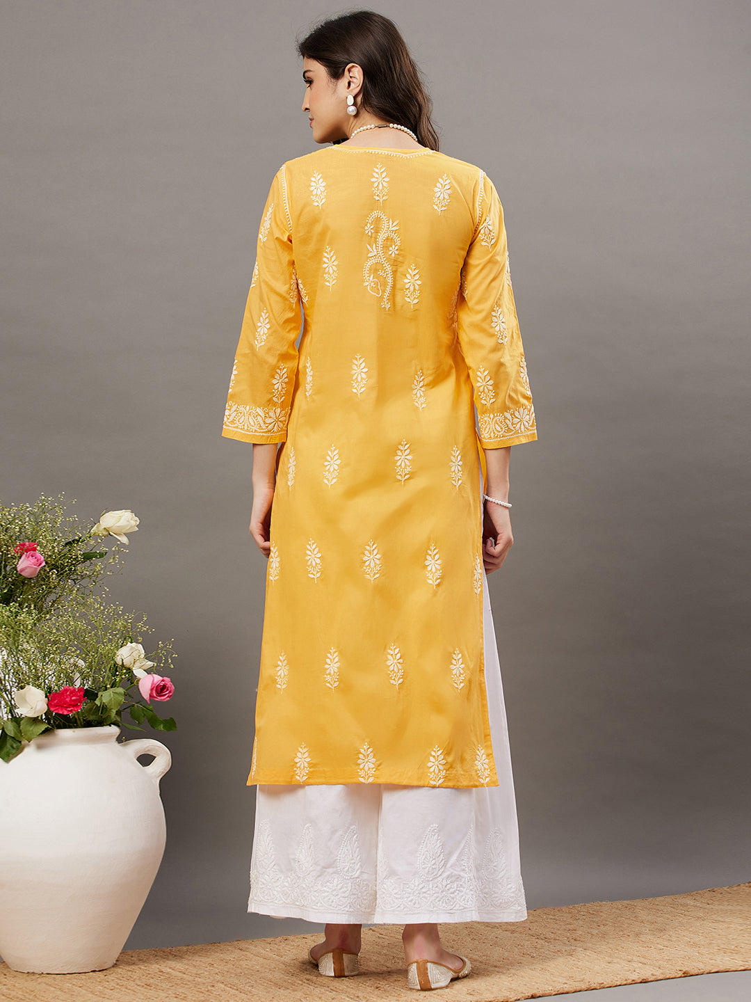 Turmeric yellow cotton round neck kurta with chikankari