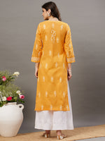 Load image into Gallery viewer, Mustrad yellow round neck cotton chikankari kurta - Rakhi Apparels
