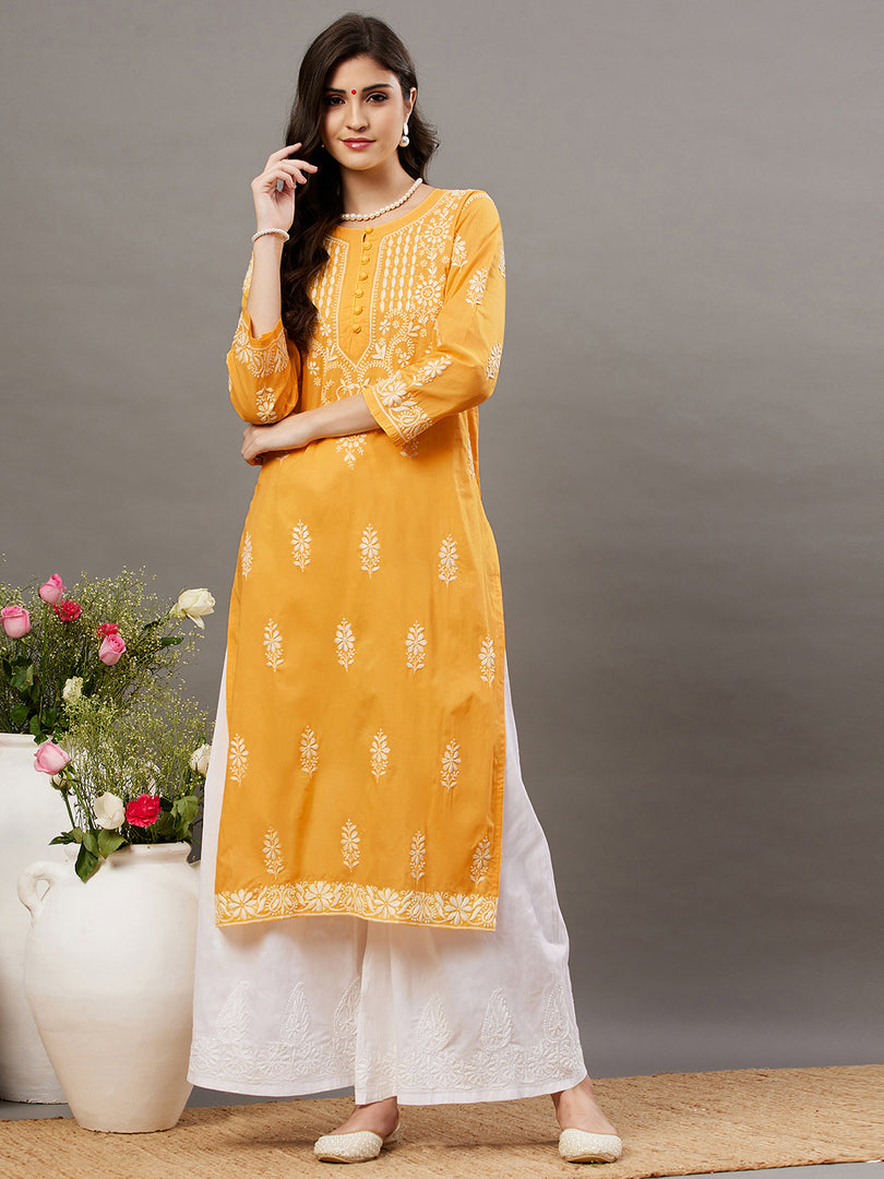 Mustrad yellow round neck cotton chikankari kurta - Rakhi Apparels
