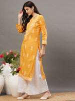 Load image into Gallery viewer, Mustrad yellow round neck cotton chikankari kurta - Rakhi Apparels
