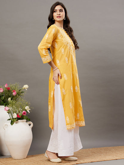 Turmeric yellow cotton round neck kurta with chikankari