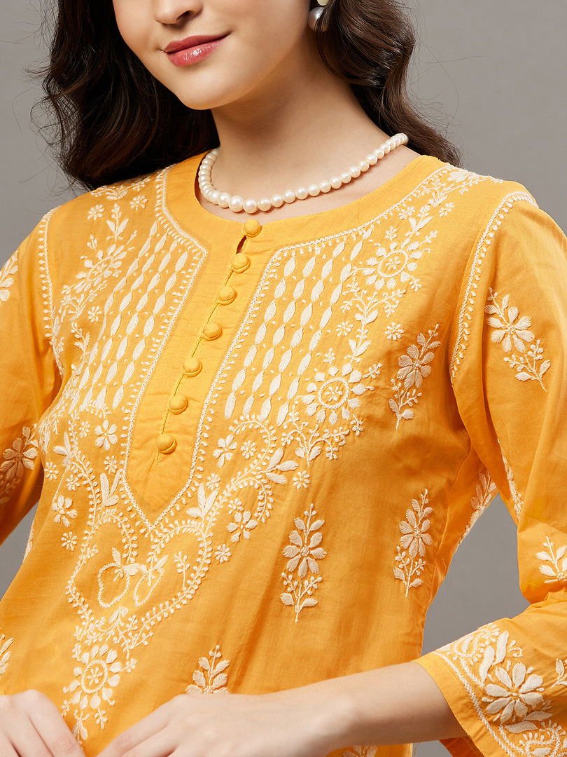 Mustrad yellow round neck cotton chikankari kurta - Rakhi Apparels