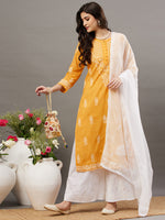 Load image into Gallery viewer, Mustrad yellow round neck cotton chikankari kurta - Rakhi Apparels
