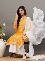 Load image into Gallery viewer, Mustrad yellow round neck cotton chikankari kurta - Rakhi Apparels
