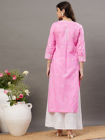 Load image into Gallery viewer, Pink cotton round neck chikankari kurta - Rakhi Apparels
