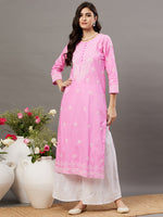 Load image into Gallery viewer, Pink cotton round neck chikankari kurta - Rakhi Apparels
