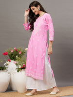 Load image into Gallery viewer, Pink cotton round neck chikankari kurta - Rakhi Apparels
