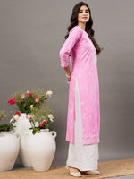 Load image into Gallery viewer, Pink cotton round neck chikankari kurta - Rakhi Apparels
