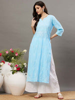 Load image into Gallery viewer, Sky blue cotton round neck chikankari kurta
