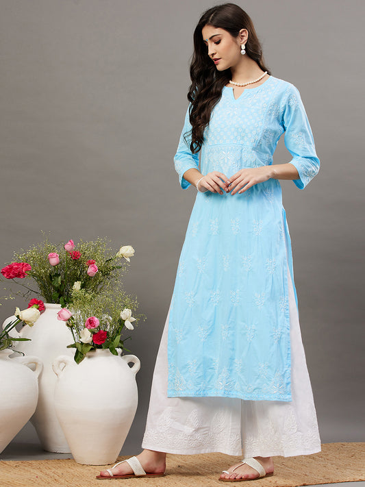 Blue cotton kurta with front yoke and chikanakri