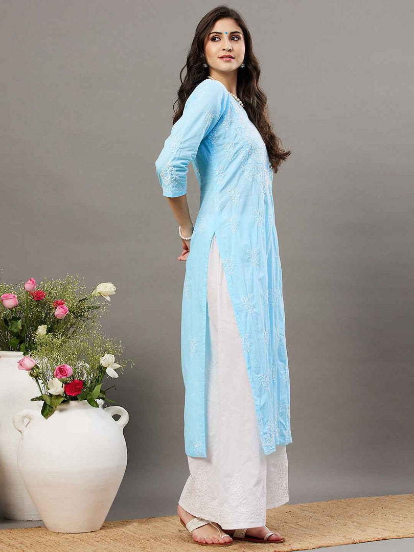 Sky blue cotton round neck chikankari kurta