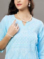 Sky blue cotton round neck chikankari kurta