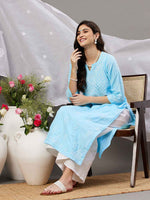 Load image into Gallery viewer, Sky blue cotton round neck chikankari kurta
