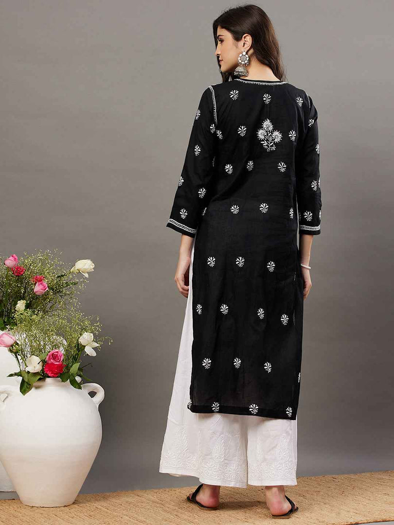 Black cotton kurta with chikankari