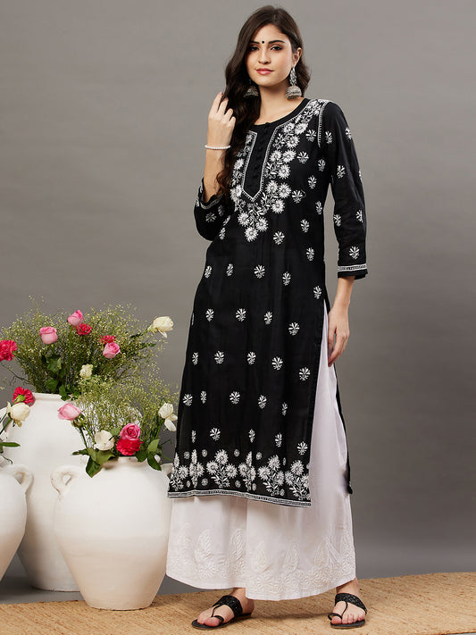 Black cotton round neck kurta with chikankari